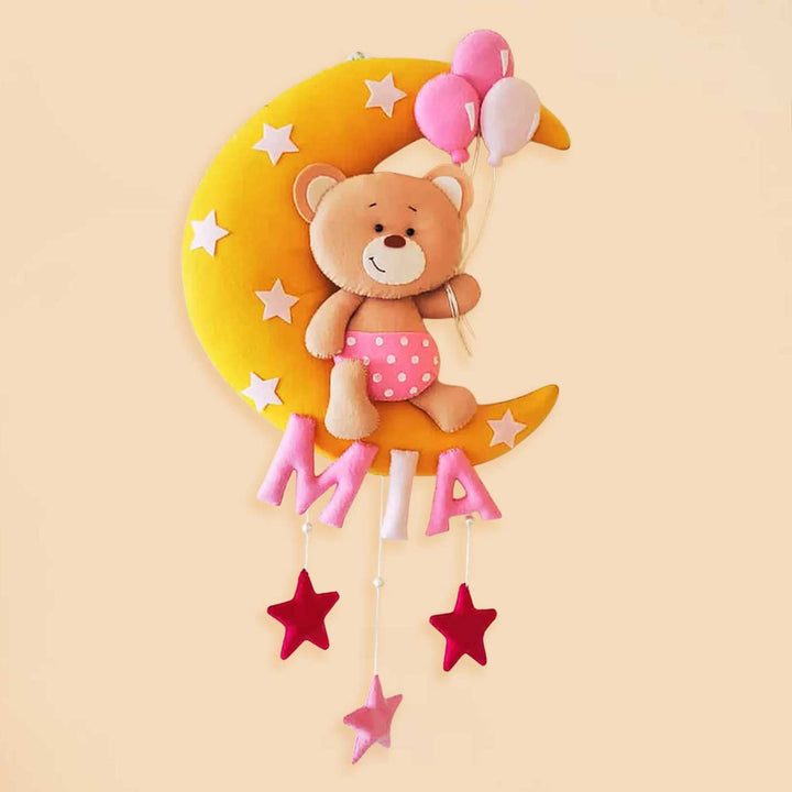 Hand-stitched Teddy Themed Felt Moon Nameplate with Birthdate For Kids - Brown