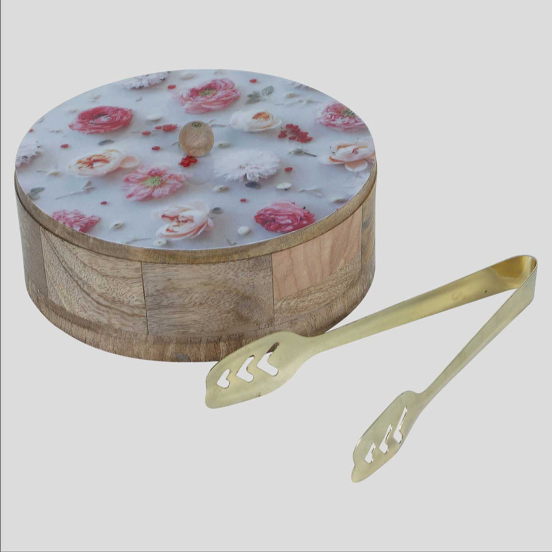 Handmade Flower Printed Mango Wood Roti Box With Tong