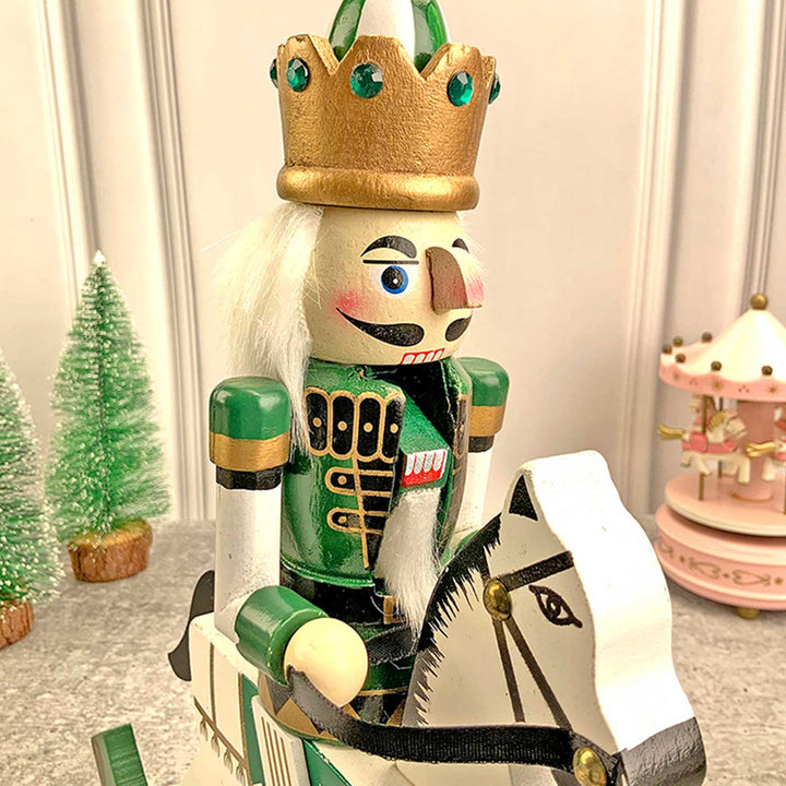 Green Rocking Horse King Nutcracker Self-Standing Wooden Decor For Christmas Table Decoration