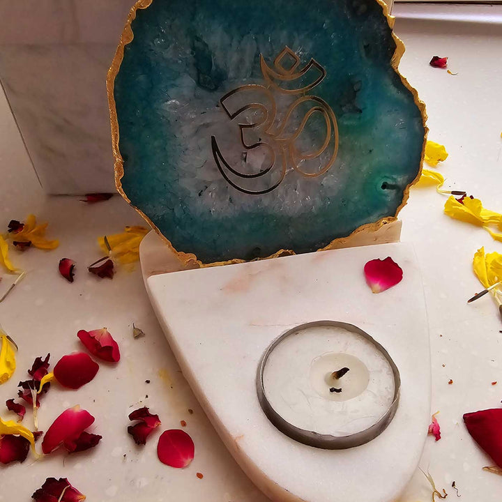 Handmade Green Om Agate Decor With Marble Base Tea Light Holder