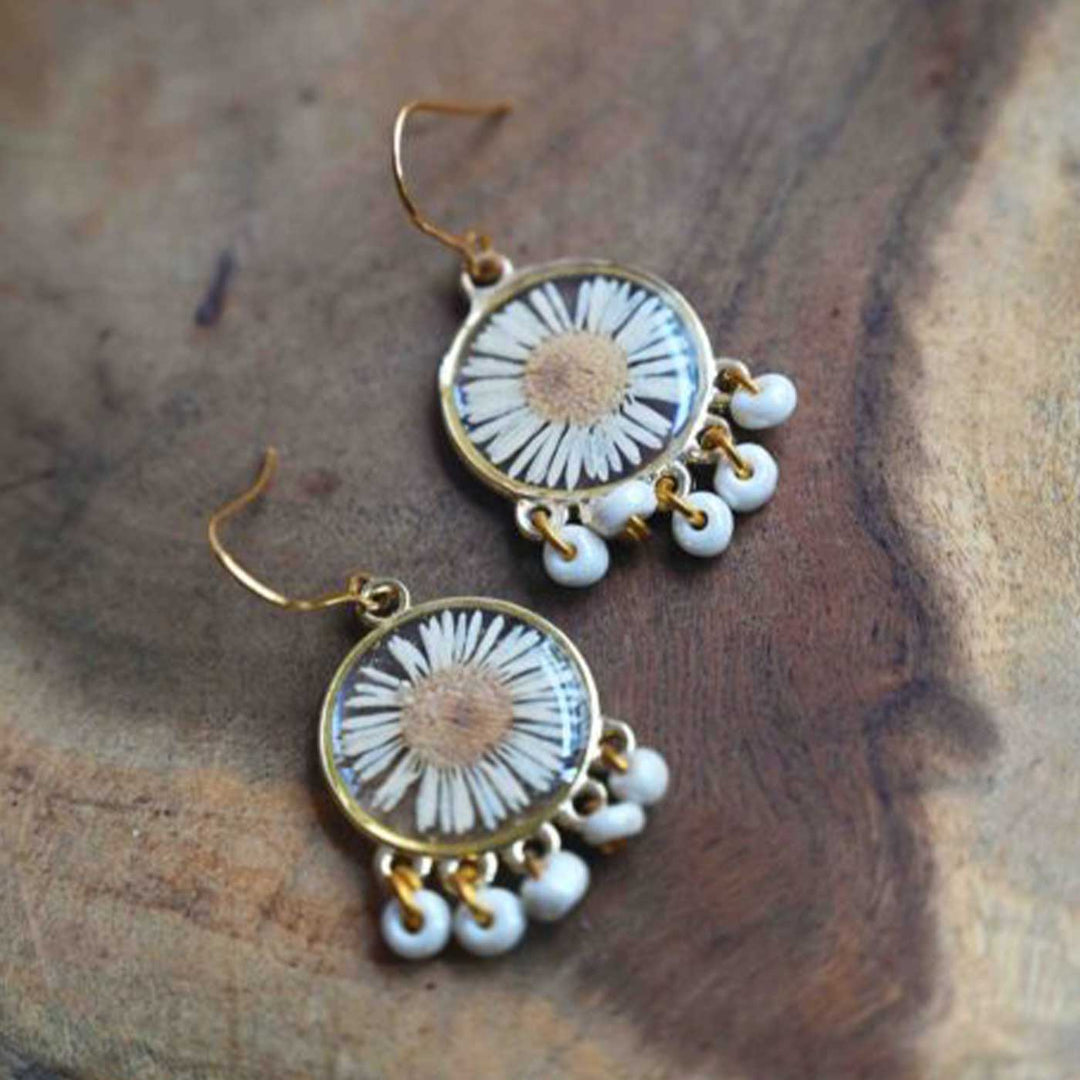 Handmade Preserved Flower Dainty Aster Brass Earrings