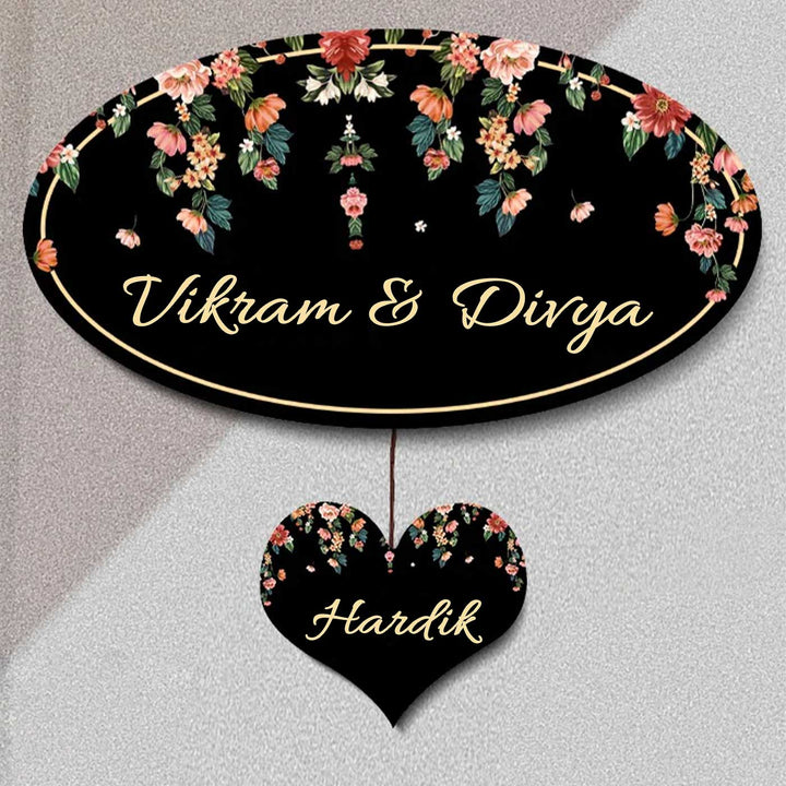 Printed Black Floral Wooden Oval Nameplate For Family