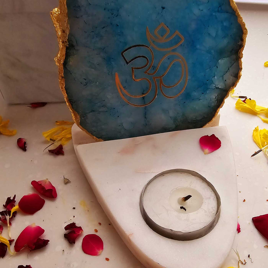 Handmade Turquoise Om Agate Decor With Marble Base Tea Light Holder