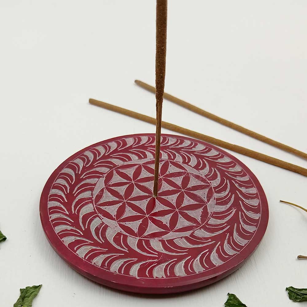 Handmade Red Hawaan Flowers Of Life Soapstone Incense Stick Holder | Set of 2