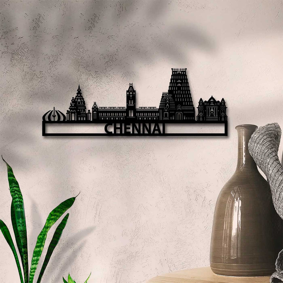 Printed Black Wooden Chennai City Skyline Wall Decor