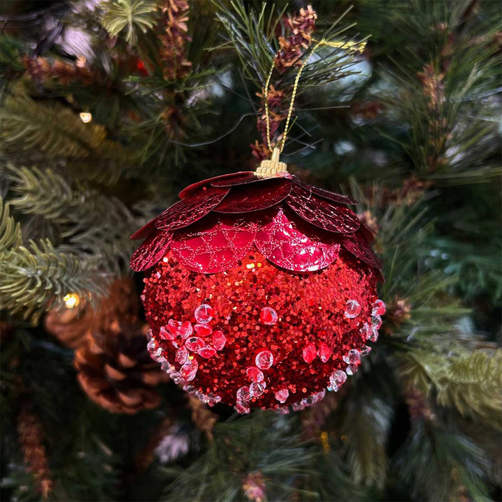 Handmade Gold & Red Shimmer Embellished Chirstmas Ball Ornaments For Decoration | Set Of 9