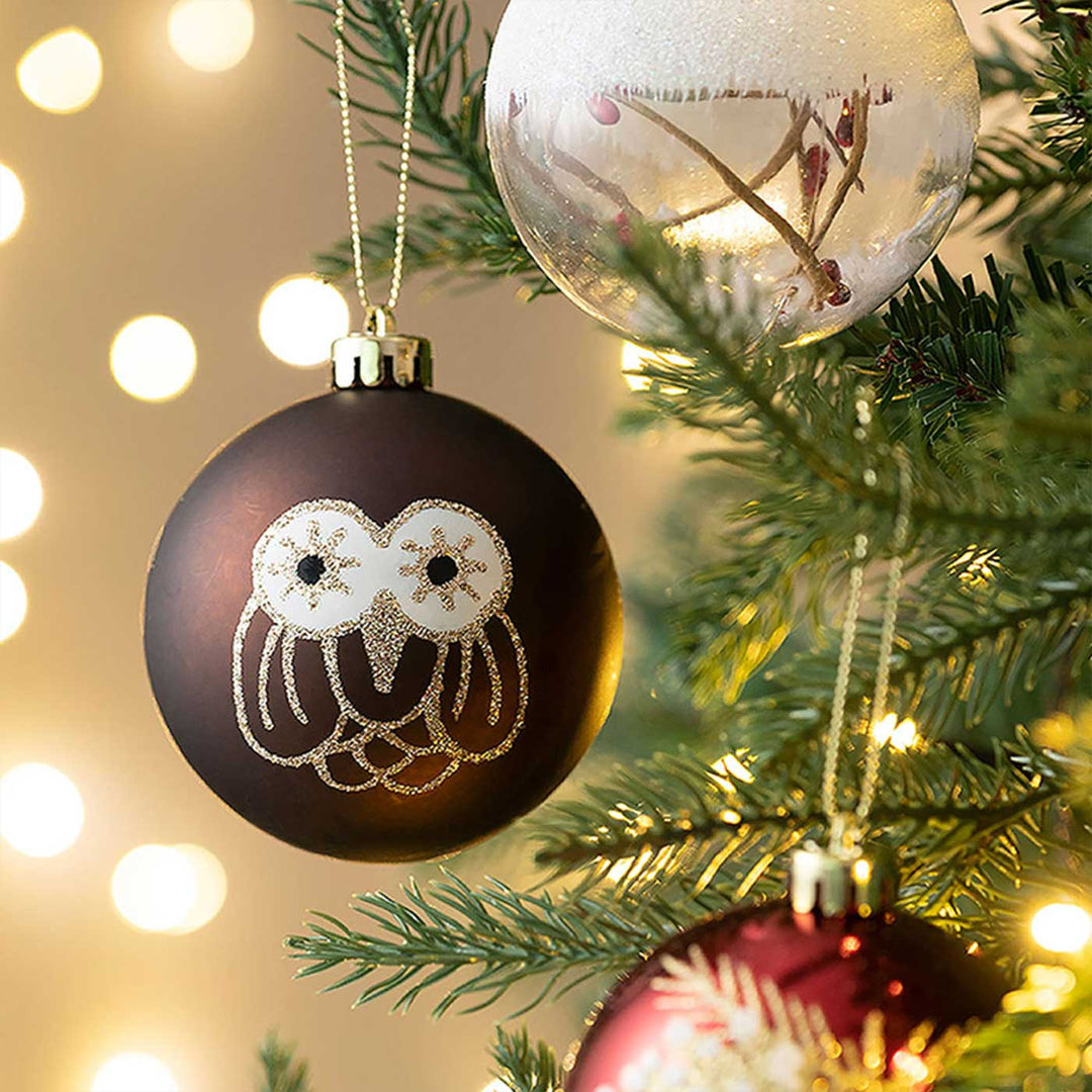 Maroon & Brown Owl themed Christmas Ball Ornaments For Decoration | Set of 16