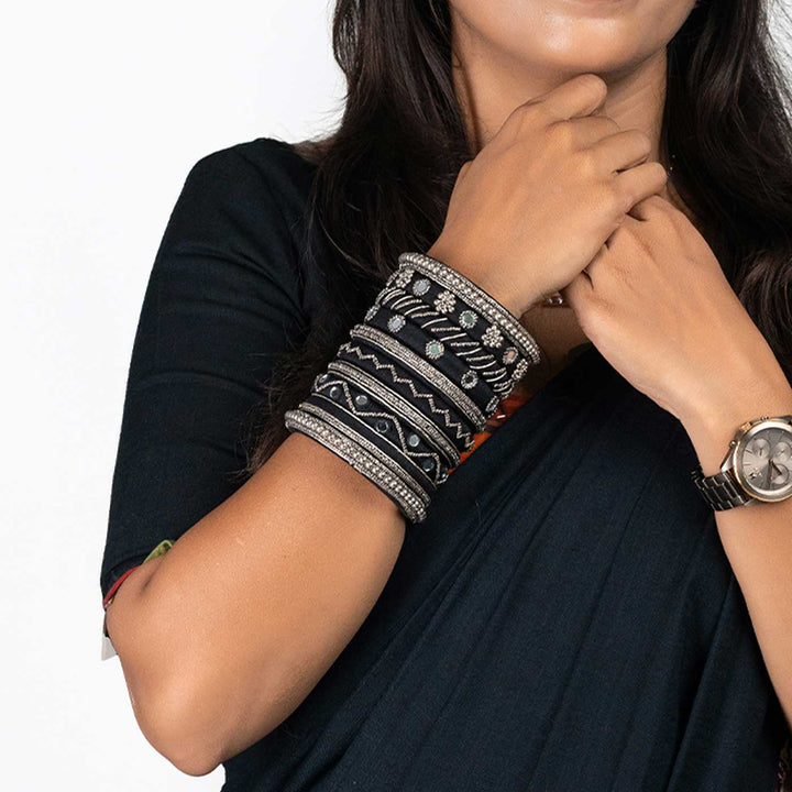 Black & Silver Handcrafted Kalki Black and Silver Beads Work Bangles | Set of 10