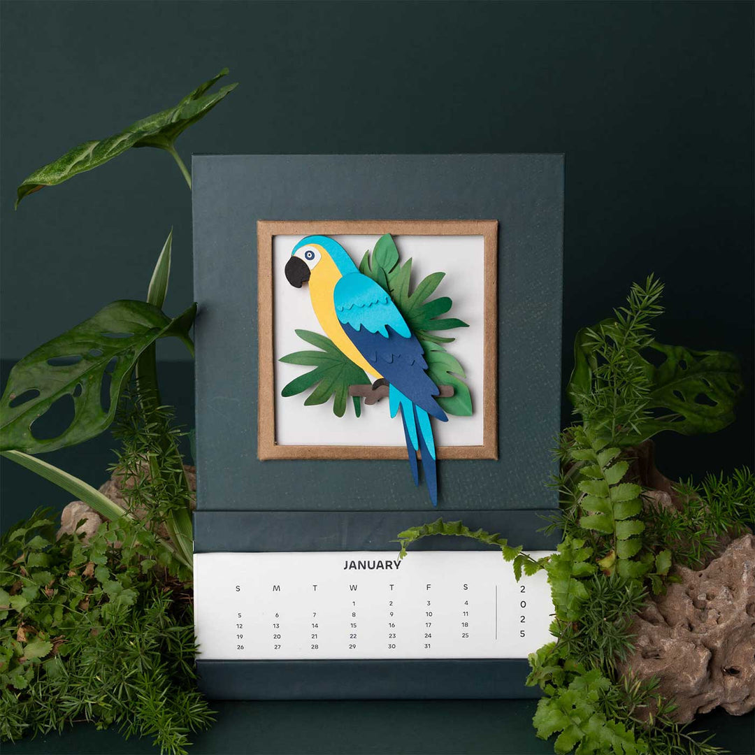 Handmade 3D Blue & Gold Macaw 2025 Desk Calendar