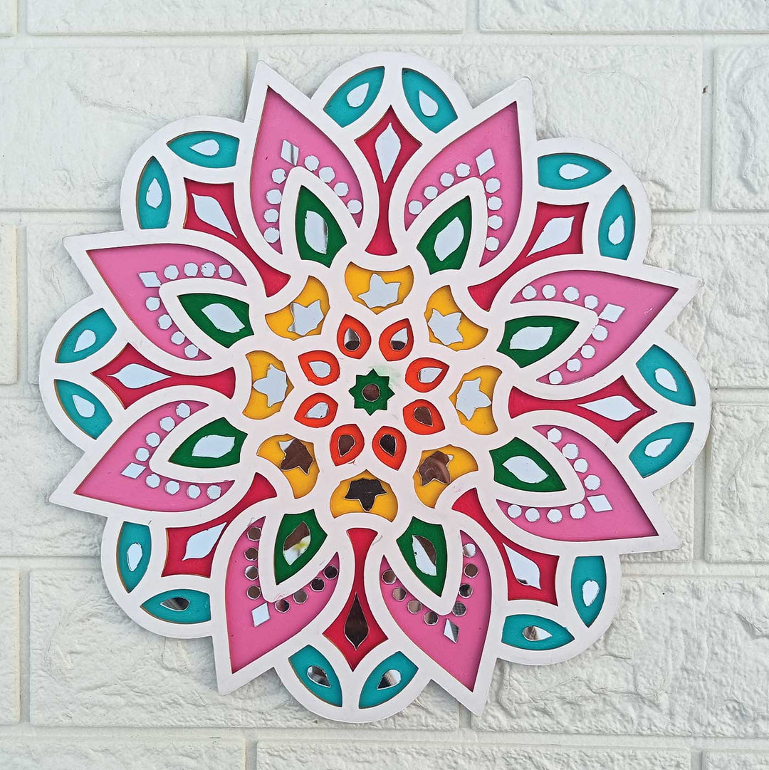 Handmade Colorful Mirror Work Floral MDF Rangoli