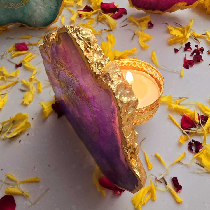 Handmade Purple Gayatri Mantra Agate Stone Tea Light Holder