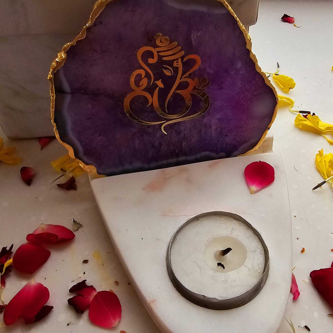 Handmade Purple Ganesha Agate Decor With Marble Base Tea Light Holder