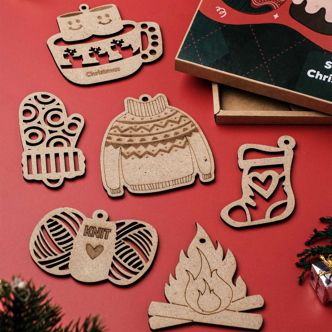 Handmade Sweater Weather MDF Wood DIY Ornaments For Christmas Tree Decoration | Set Of 12