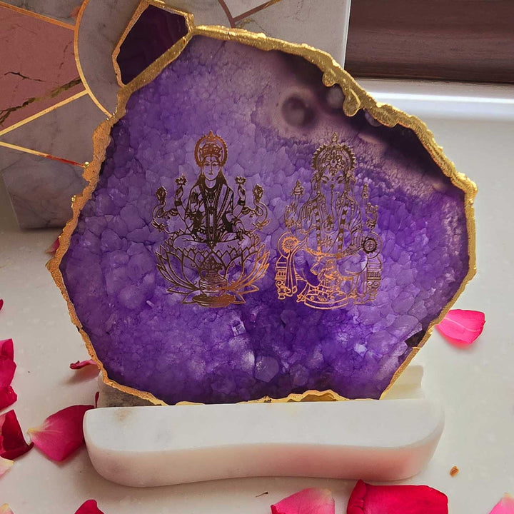 Handmade Purple Laxmi Ganesha Agate Decor With Marble Tea Light Holder