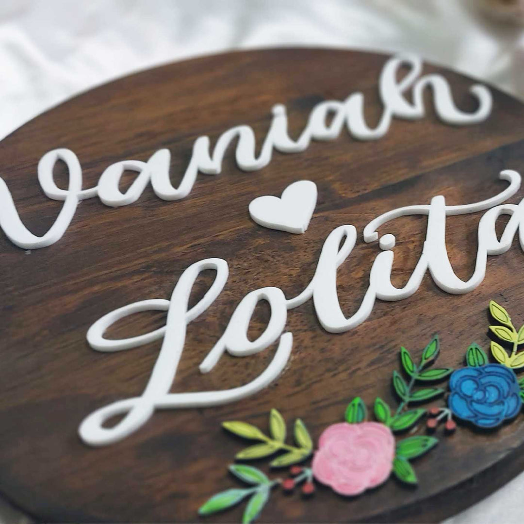 Personalized Round Floral Theme Wooden Name Plate