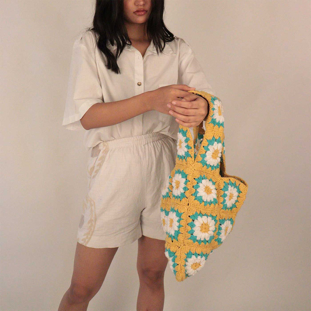 Handmade Crochet Yellow Floral Shopper Tote Bag