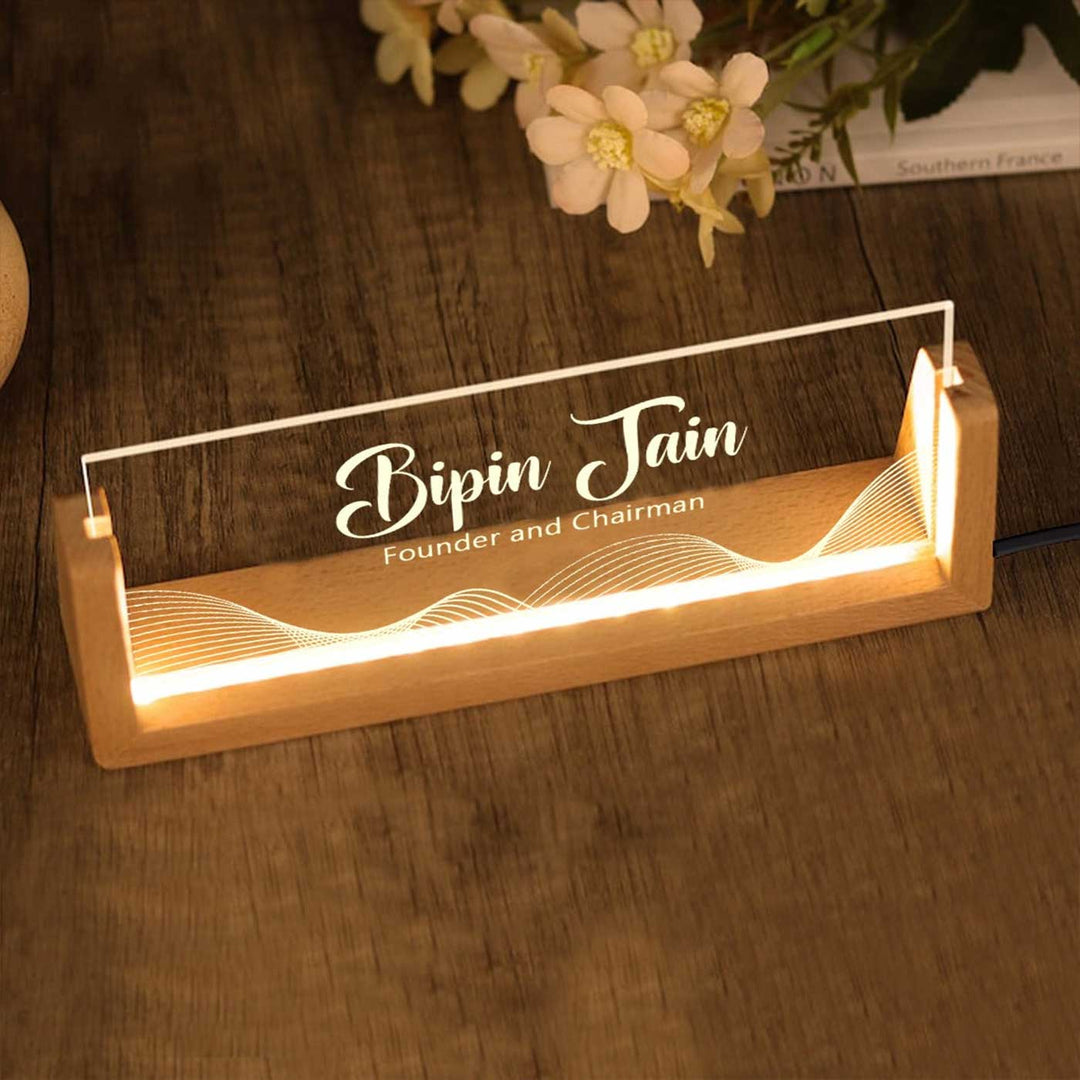 Personalized Profession Wave Pattern Sleek Glass Desk Nameplate With LED Light