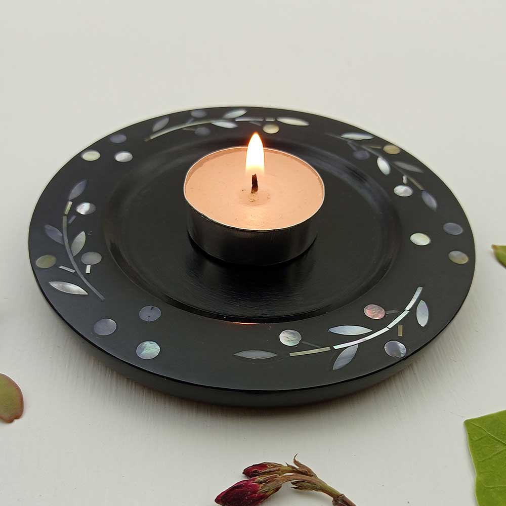 Handmade Black Fayruz Inlay Stem Work Candle Holder