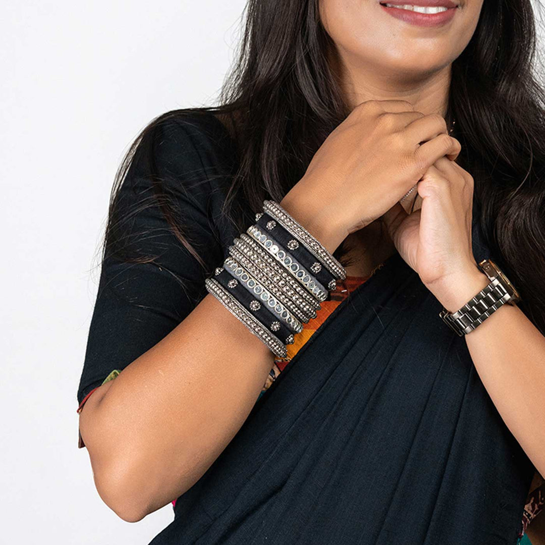 Black & Silver Handcrafted Amara Sequin Work Bangles | Set of 7