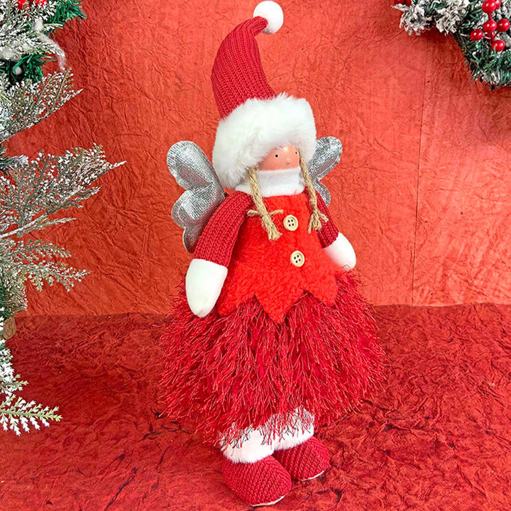 Angel With Glitter Silver Wings & Skirt Self-Standing Woolen Decor For Christmas Table Decoration