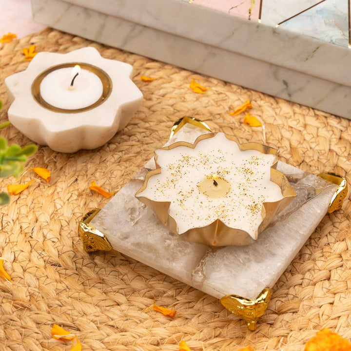 Handmade White Marble & Brass Diya Bowl With Agate Chowki & Candle | Set of 3