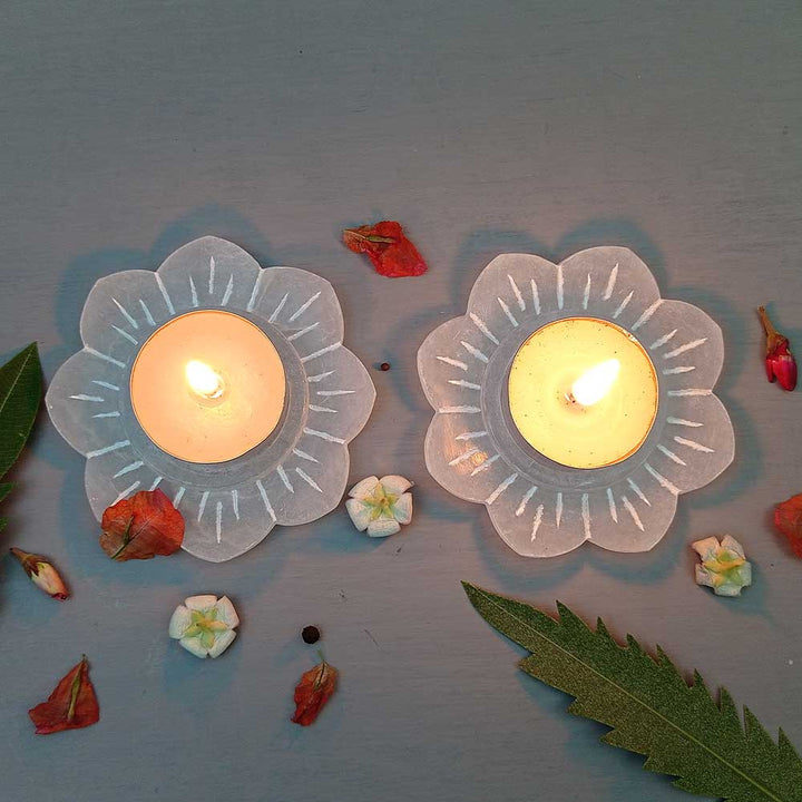 Handmade White Lara Lotus Flower Candle Holder | Set Of 2