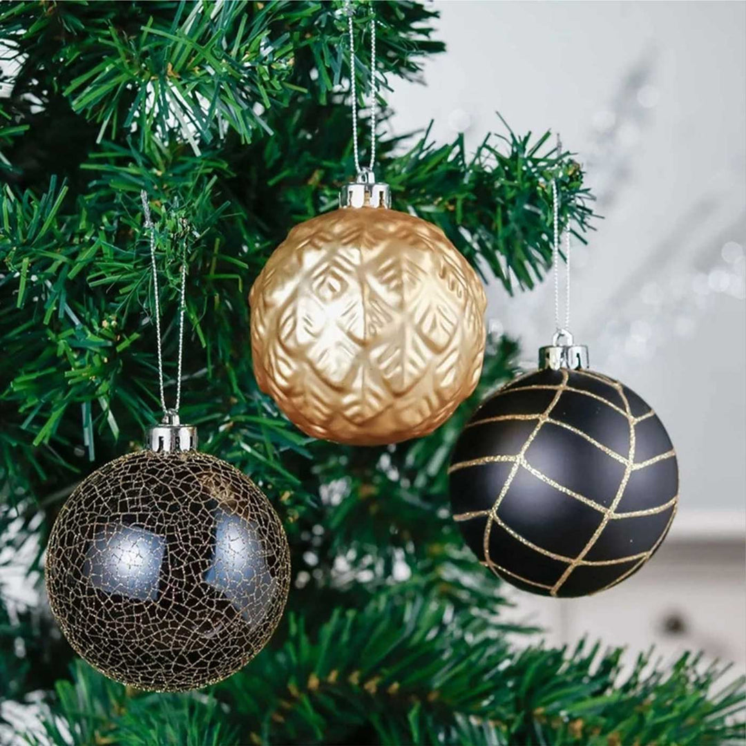 Black & Gold theme Shimmer Christmas Ball Ornaments For Decoration | Set of 16