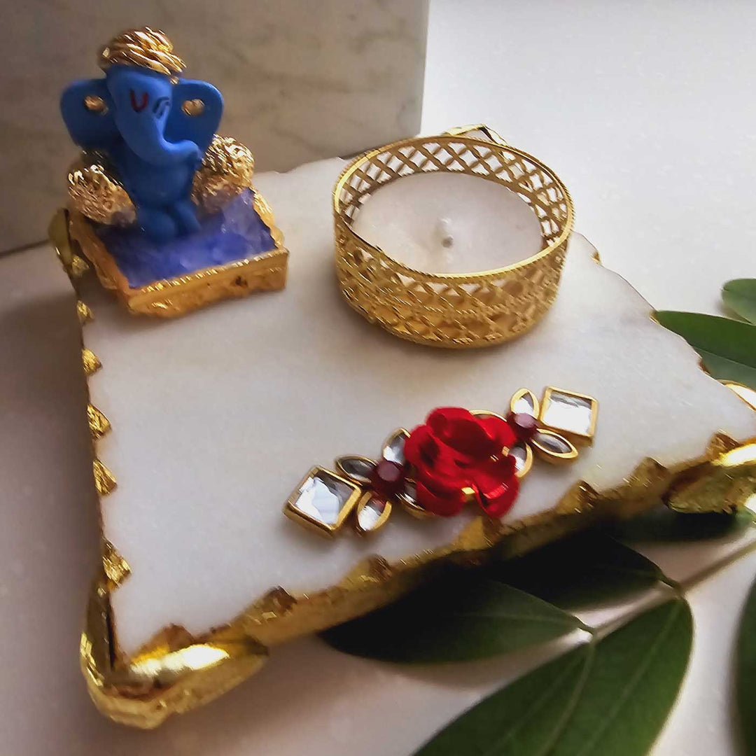 Handmade Blue Ganesha With Marble Pooja Chowki And Tea Light Holder