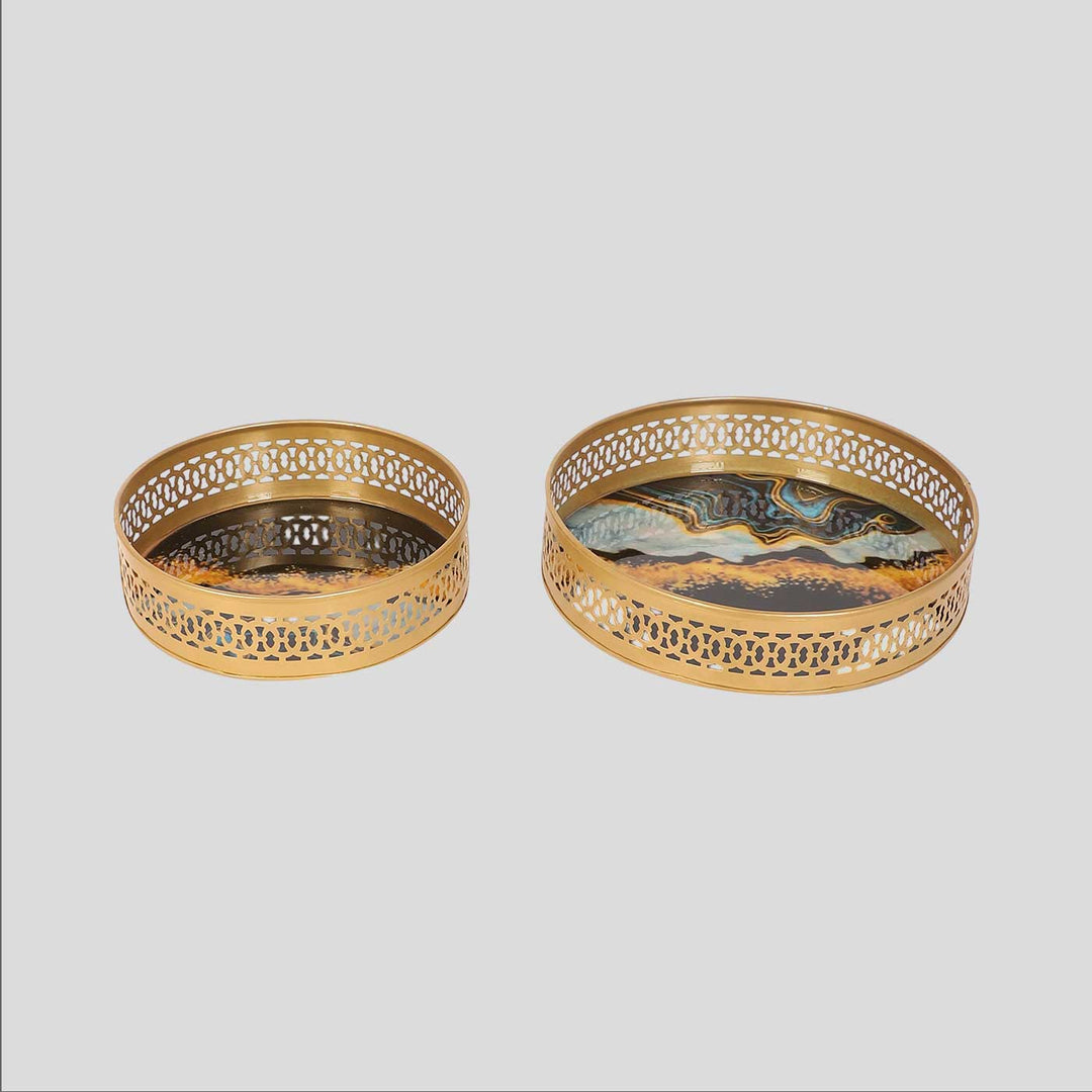 Handmade Round Blue & Black Metal Meena Tray | Set Of 2