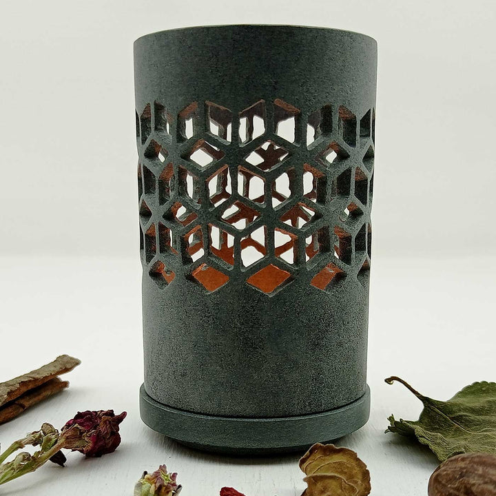 Handmade Grey Atuf Intricate Hexagonal Jaali Soapstone Tealight Holder