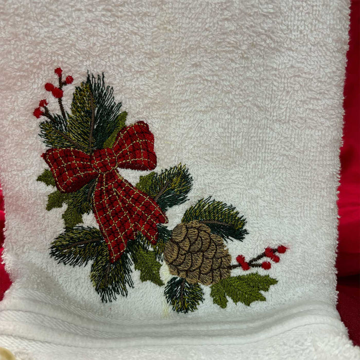 Personalized Pine & Bow Embroidered Cotton Hand Towel | Xmas Gifting Ideas