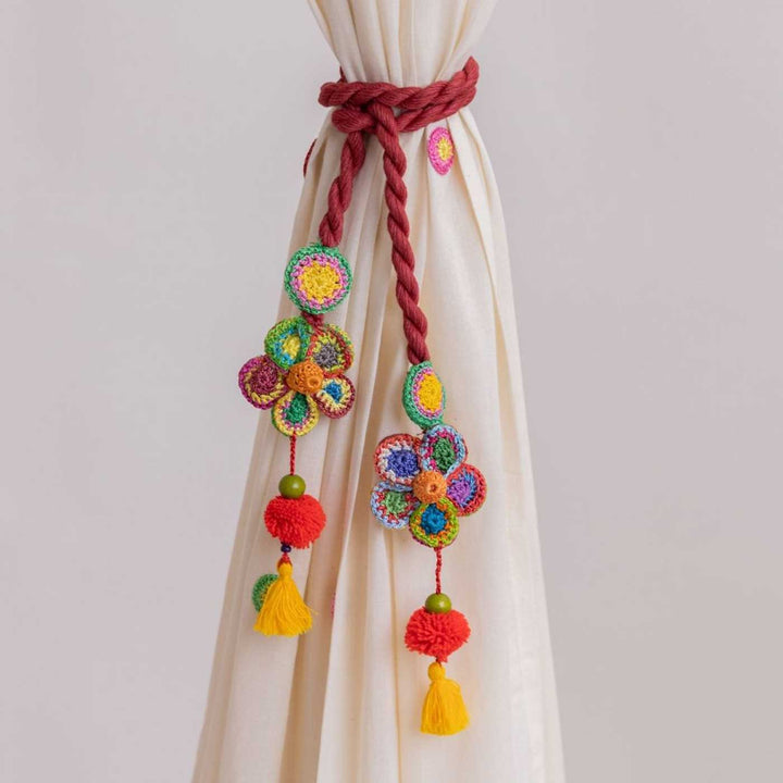 Handmade Kono Multicolour Flower Beads & Pom Pom Curtain Tie Backs | Set of 2