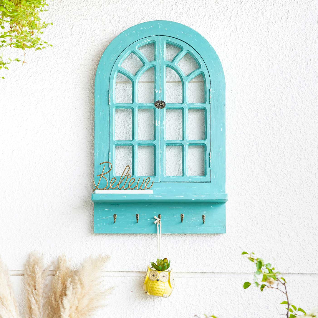 Handmade Cottage Wooden Window Frame With Shelf & Key Holder