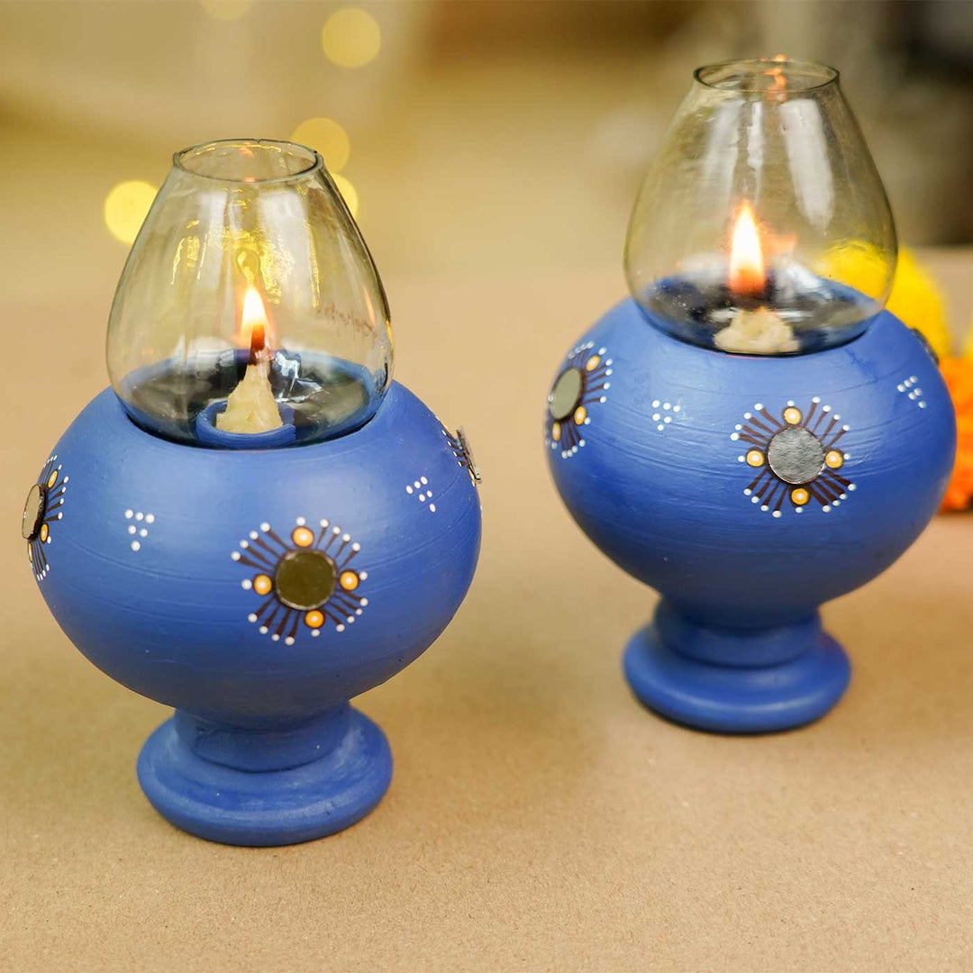 Handmade Persian Blue Terracotta Oil Lamp / Diya | Set Of 2