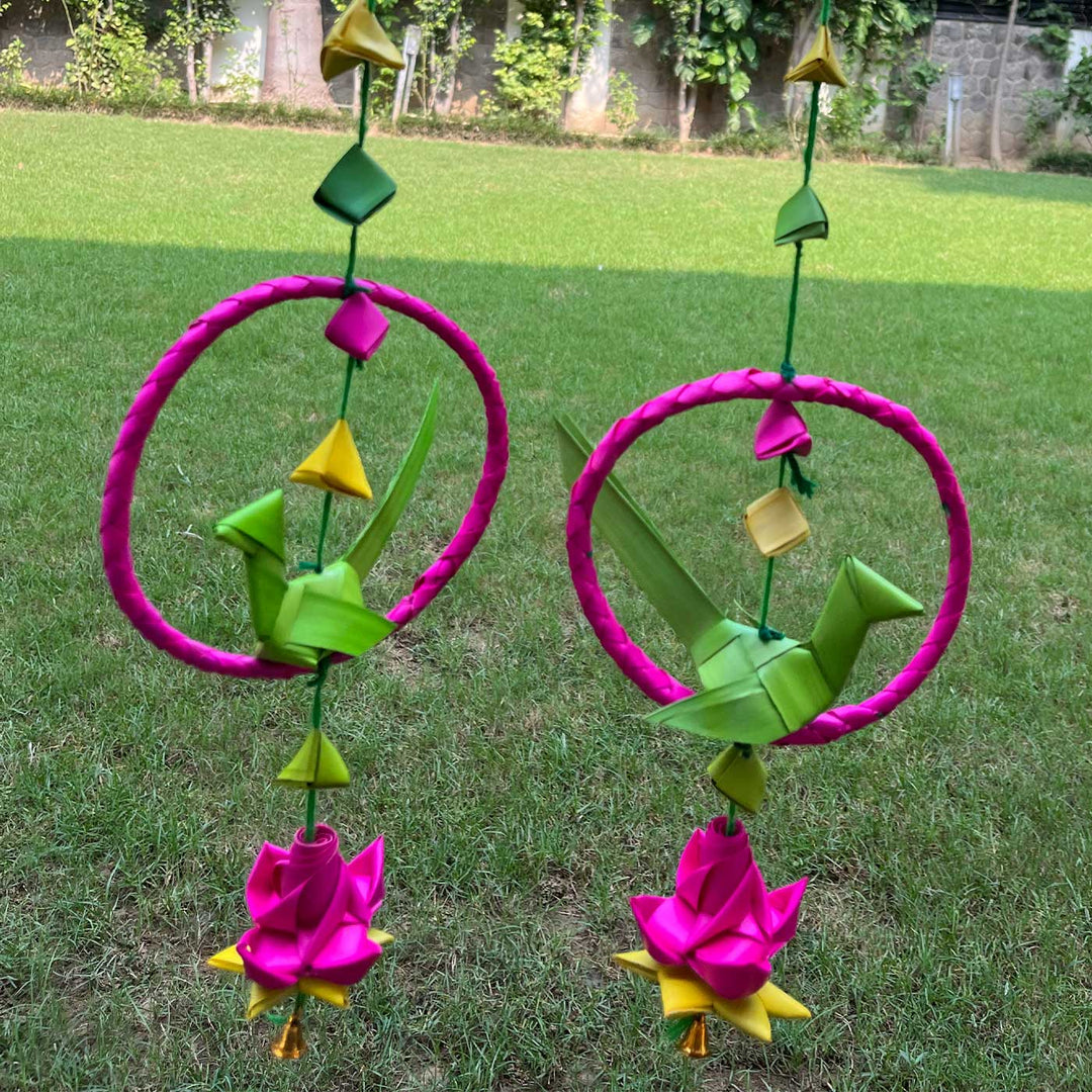 Handmade Diwali Decor Palm Leaf Parrot With Ring Hanging | Set Of 2