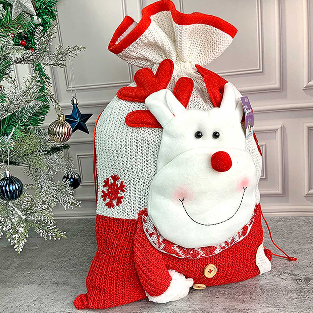 Handmade Deer Red & White Knitted Gift Sacks For Christmas Decoration