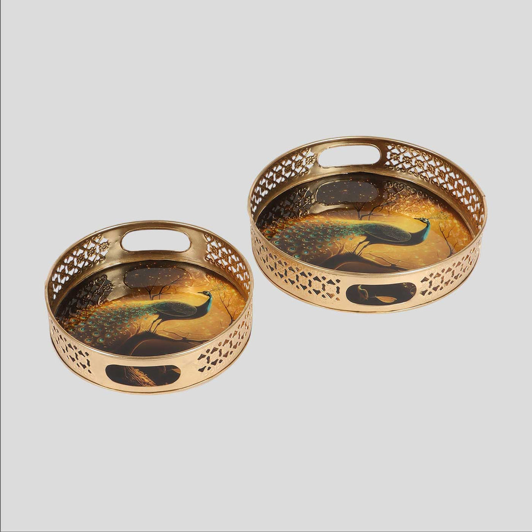 Handmade Black Peacock Set Of Metal Tray | Set Of 2