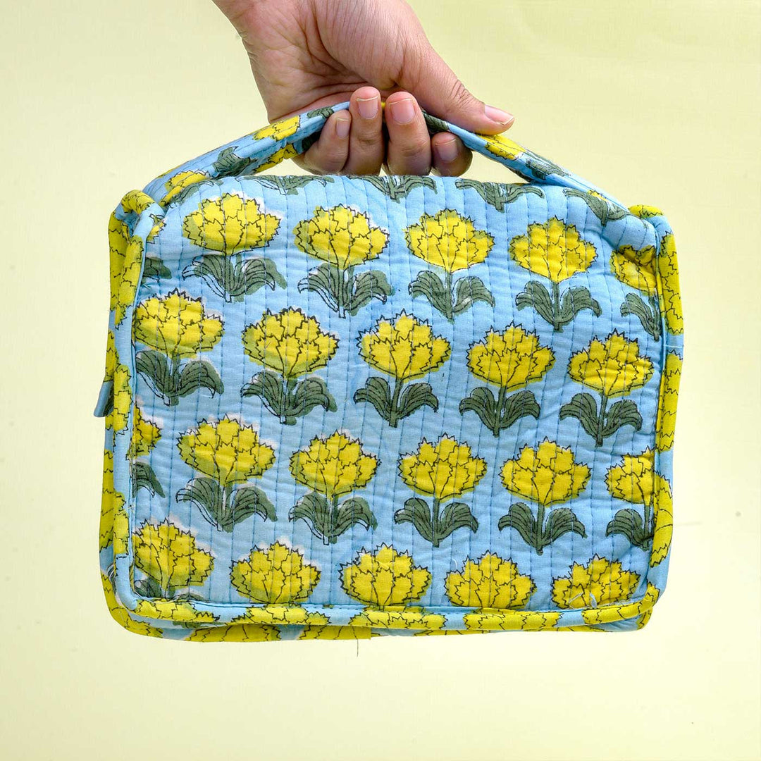 Block Printed Sunshine Bloom Cotton Jewellery & Travel Pouch