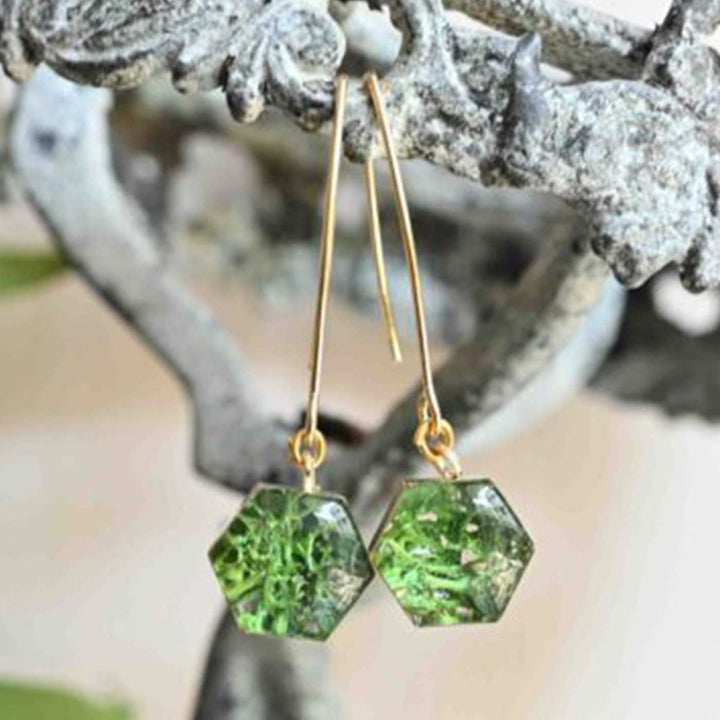 Handmade Preserved Flower Green Moss Brass Earrings