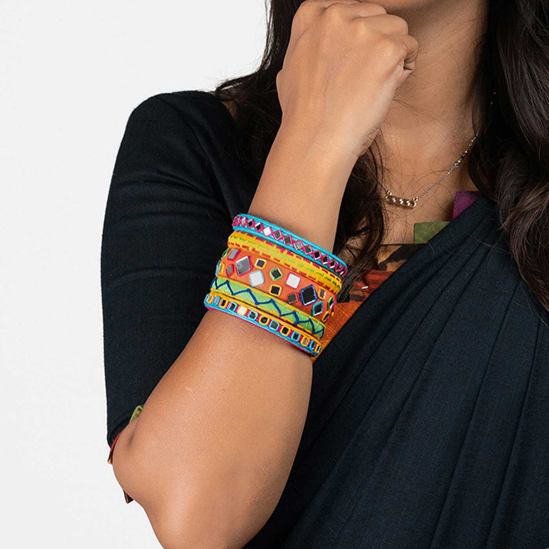 Multicolour Handcrafted Anusha Mirror Embriodery Bangles | Set of 10