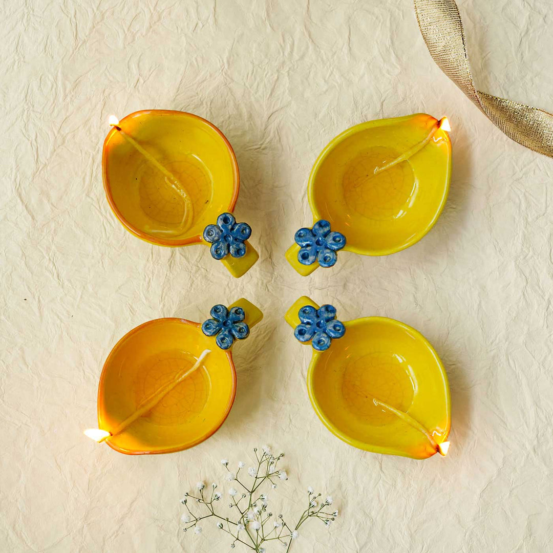 Handmade Sunlit Yellow & Blue Flower Ceramic Oil Lamp / Diya | Set of 4