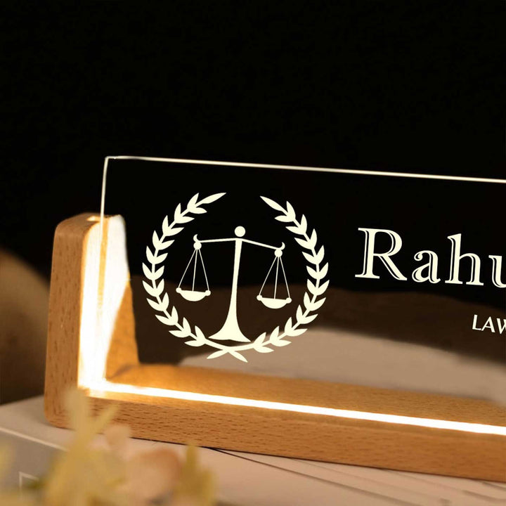 Personalized Lawyer Sleek Glass Desk Nameplate With LED Light