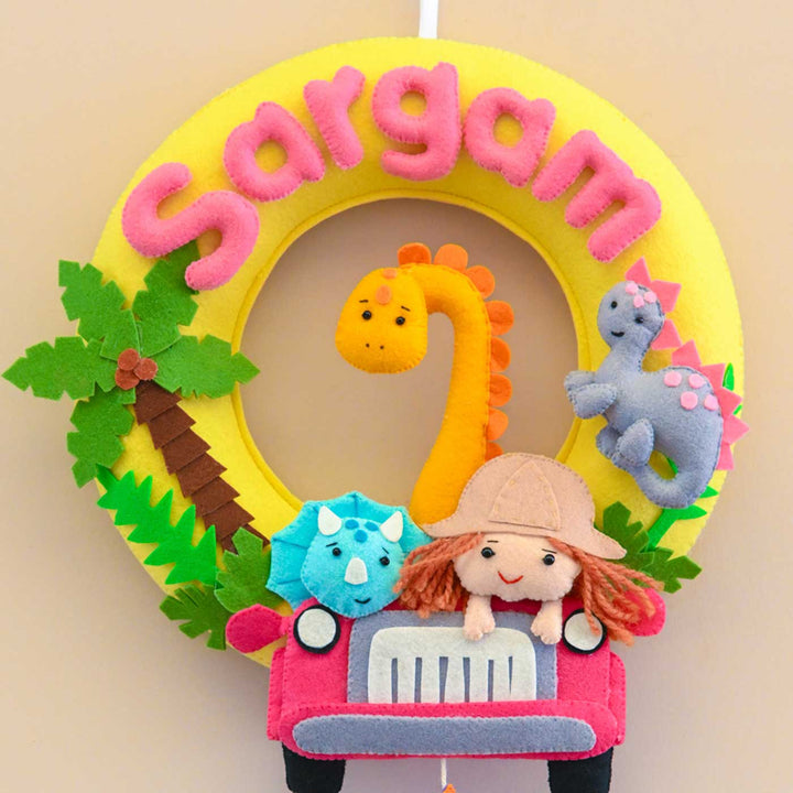 Personalized Dino World Safari Theme Round Felt Kid's Nameplate