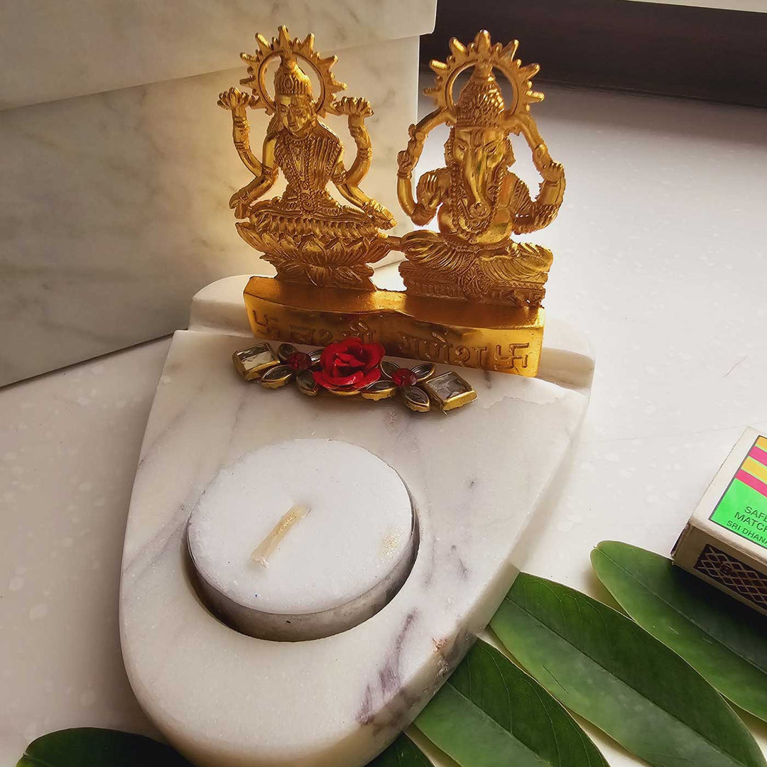 Handmade Laxmi Ganesha With Marble Base Tea Light Holder