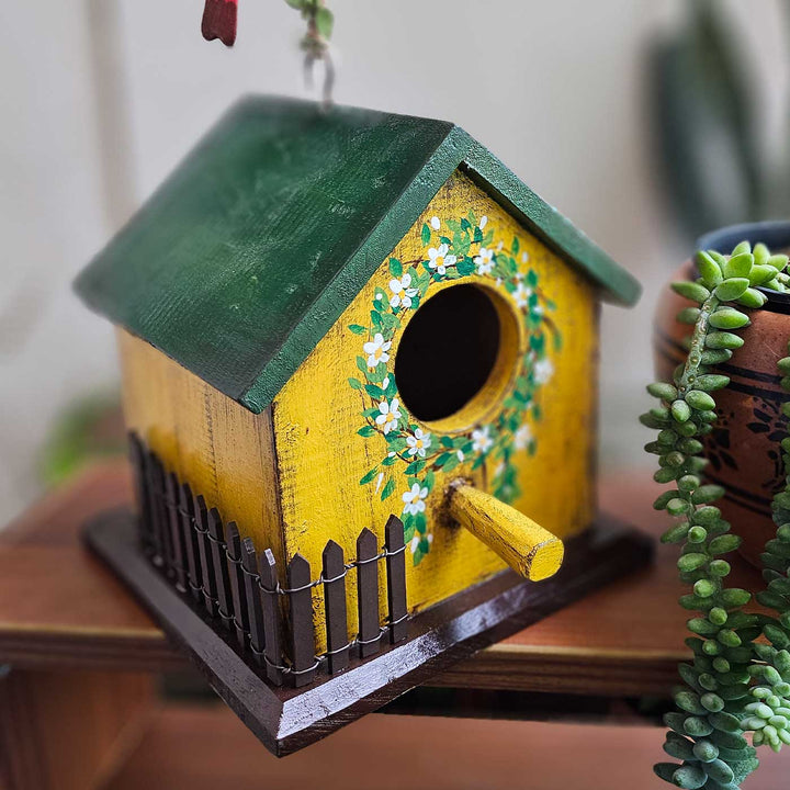 Hand-Painted Green & Yellow Bird House