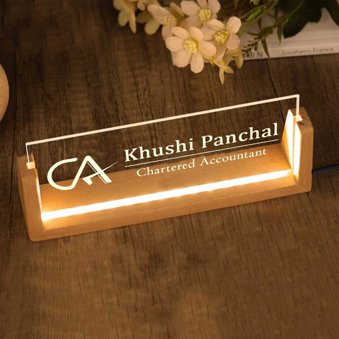 Personalized Chartered Accountant Sleek Glass Desk Nameplate With LED Light