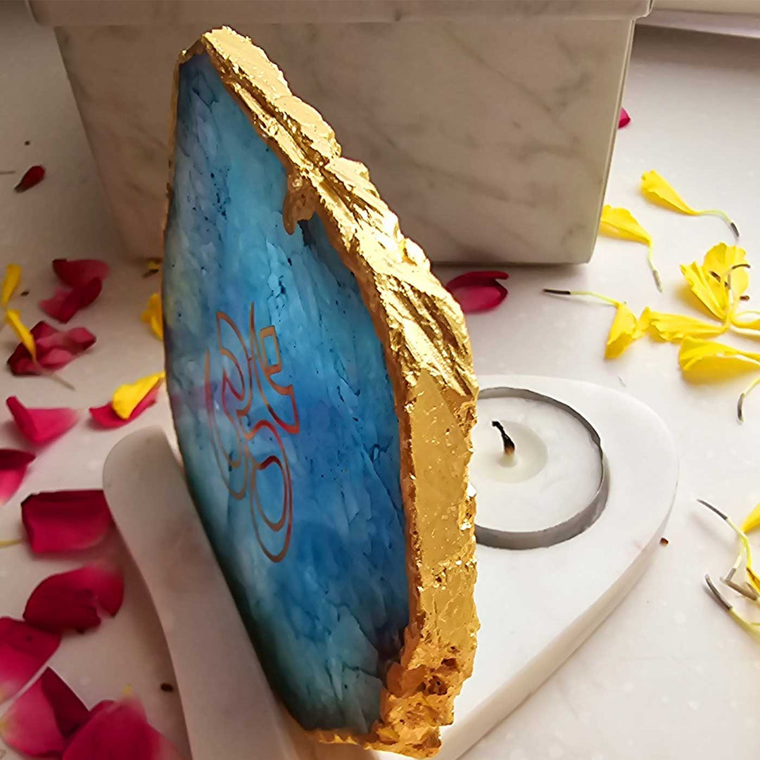 Handmade Turquoise Om Agate Decor With Marble Tea Light Holder