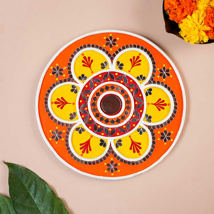 Handmade Lippan Rangoli Wooden Tealight Holder