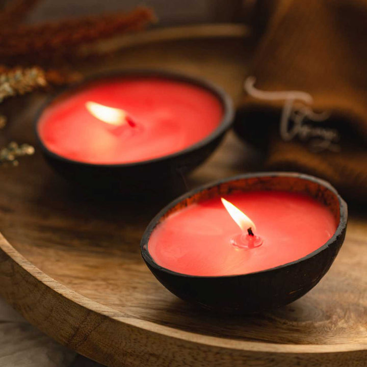 Eco-friendly Handmade Red Scented Coconut Shell Candle | Set Of 2