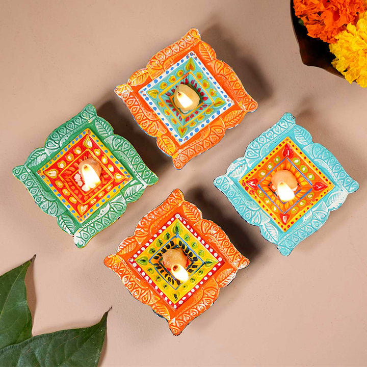 Handmade Square Clay Oil Lamp / Diya | Set of 4